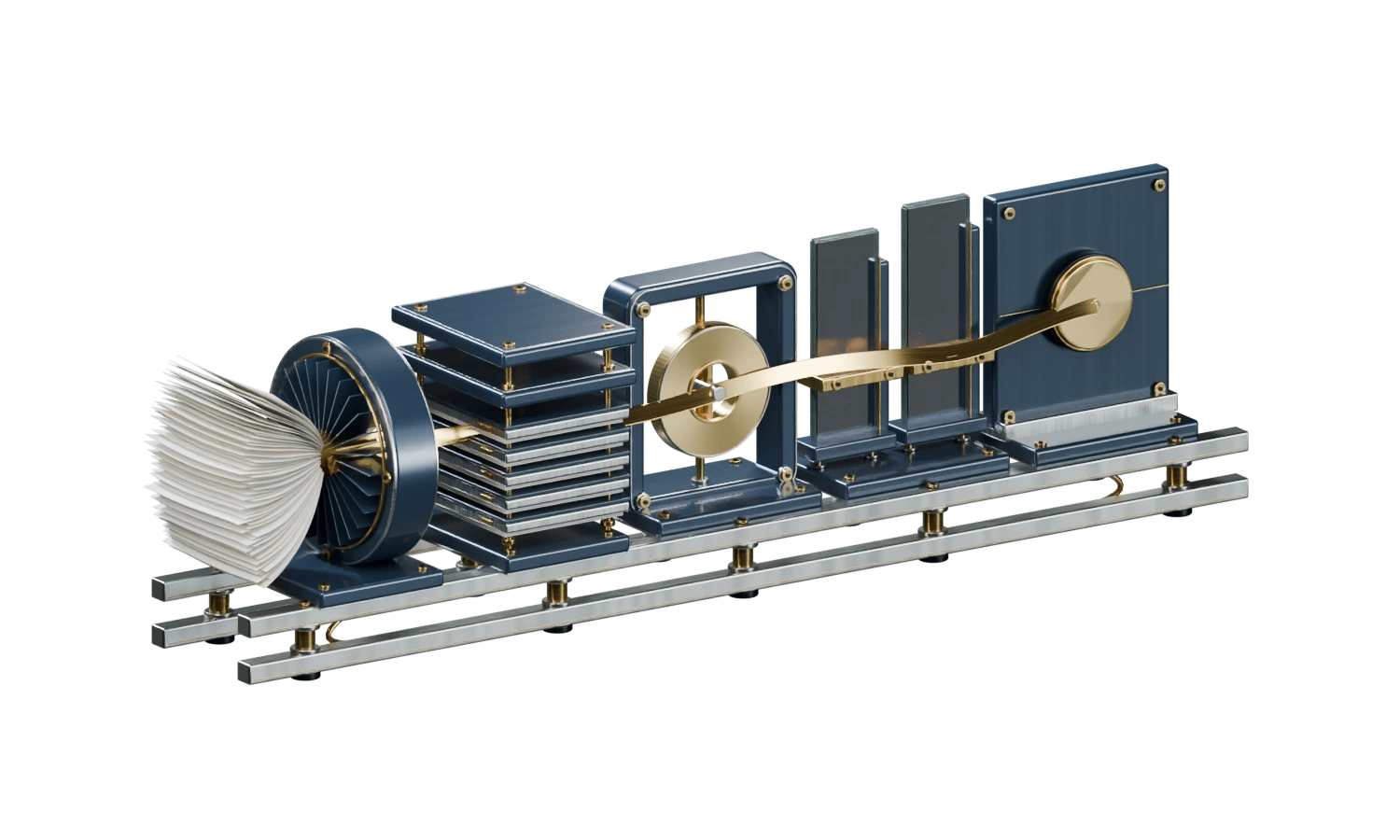 A document fan, context plates, checking wheel, glass review panels, and an output plate connected by a gold route.